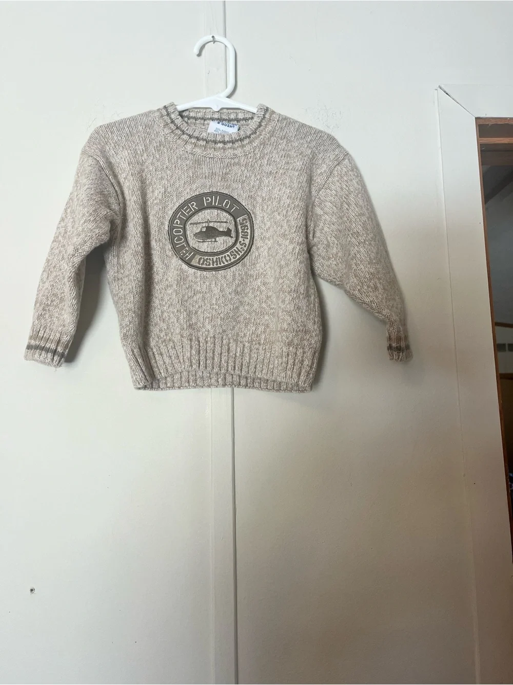 Vintage Oshkosh B'gosh Heather Beige Knit Sweater with Patch Helicopter Pilot